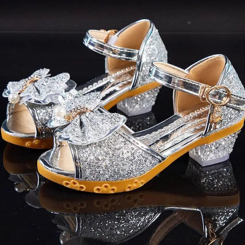 Girls Sandals Summer 2021 New Children's Princess Shoes Little Girls High-heeled Bow-knot Crystal Sandals Party Dress Wedding
