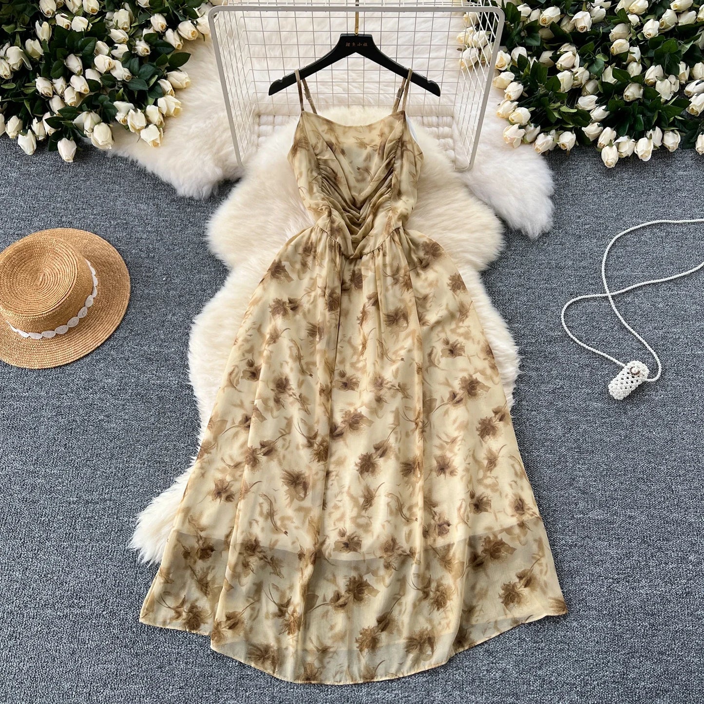 New Korean Fashion Rose Flower Print Romantic Retro Party Dress Summer Elastic High Waist Vacation Long Dress Beach Vestido