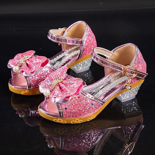 Girls Sandals Summer 2021 New Children's Princess Shoes Little Girls High-heeled Bow-knot Crystal Sandals Party Dress Wedding