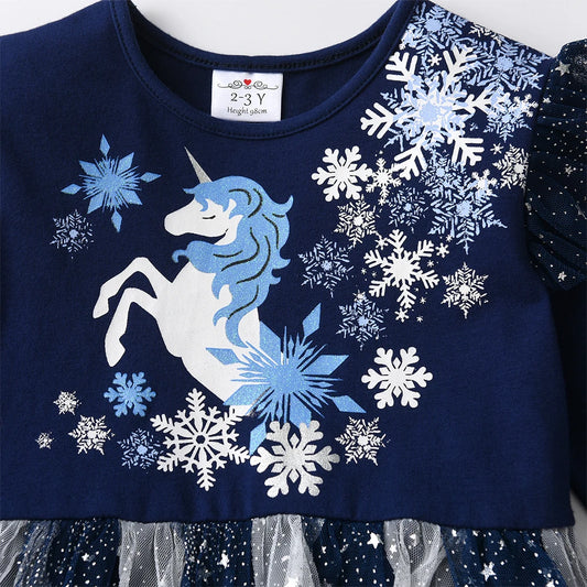 DXTON Christmas Girls Dress 2024 New Year Party Princess Tutu Dress Unicorn Toddler Cotton Dress Snowflake Print Winter Clothing