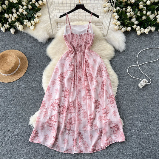 New Korean Fashion Rose Flower Print Romantic Retro Party Dress Summer Elastic High Waist Vacation Long Dress Beach Vestido