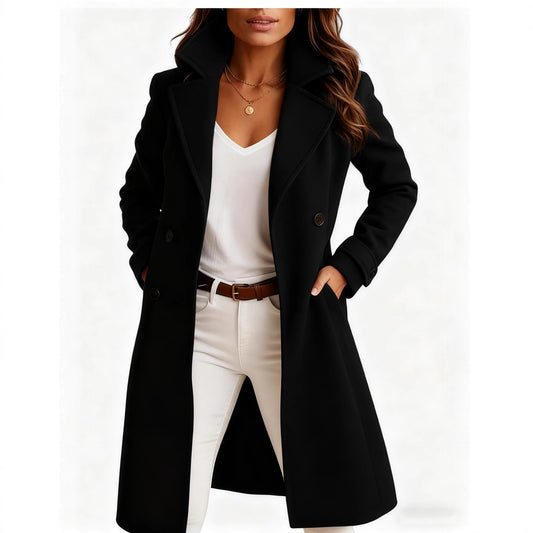 Single-breasted Mid-length Coat With Pockets Fashion Elegant Lapel Jacket Casual Long-sleeved Top Outwear Women's Clothing