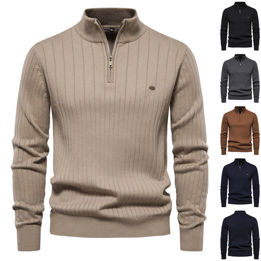Half-zipper Pullover Sweater Men's Fashion Casual Stand Collar Long-sleeved Knitted Tops Fall Winter Clothing