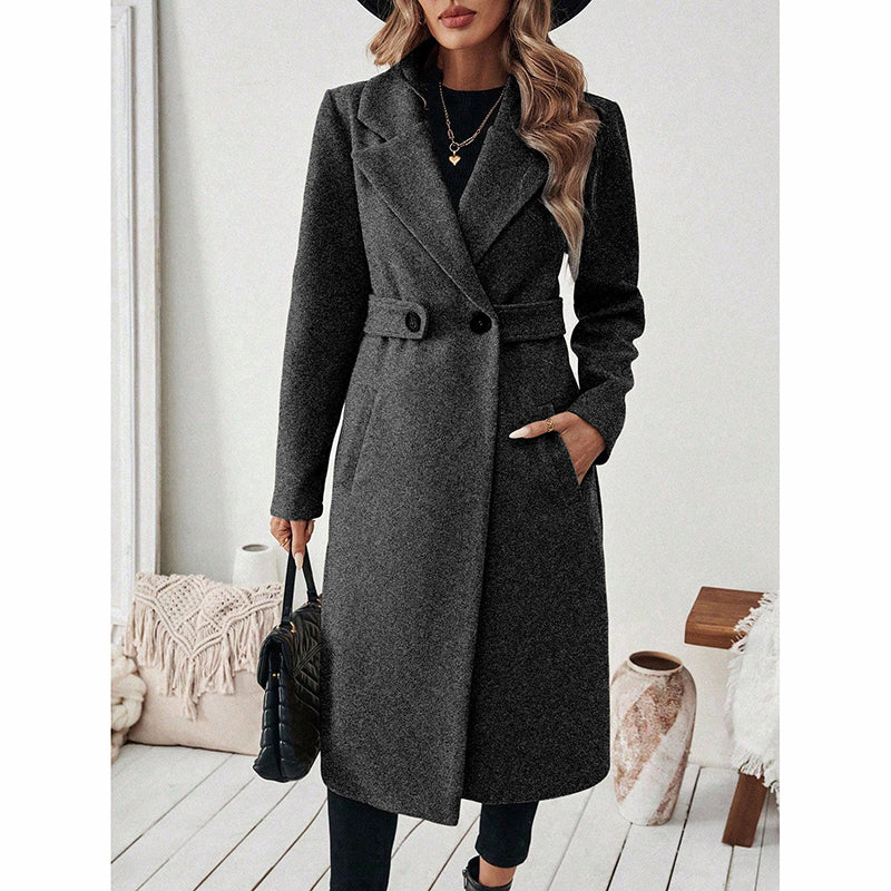 Women's Notch Lapel Trench Coat, Single Breasted Mid-Long Casual Formal Outerwear For Fall Winter