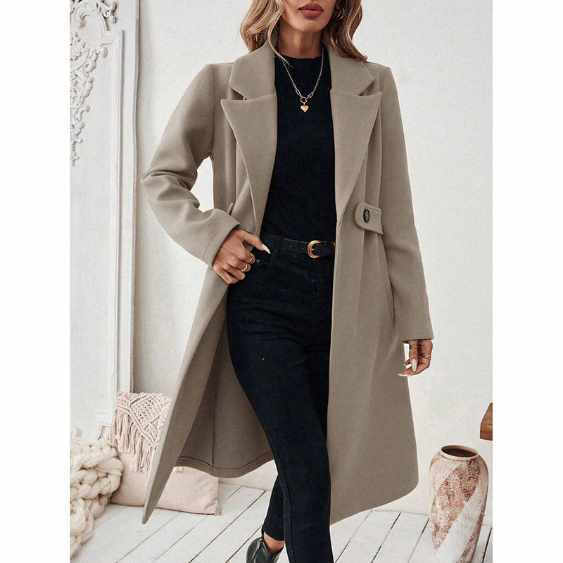 Women's Notch Lapel Trench Coat, Single Breasted Mid-Long Casual Formal Outerwear For Fall Winter