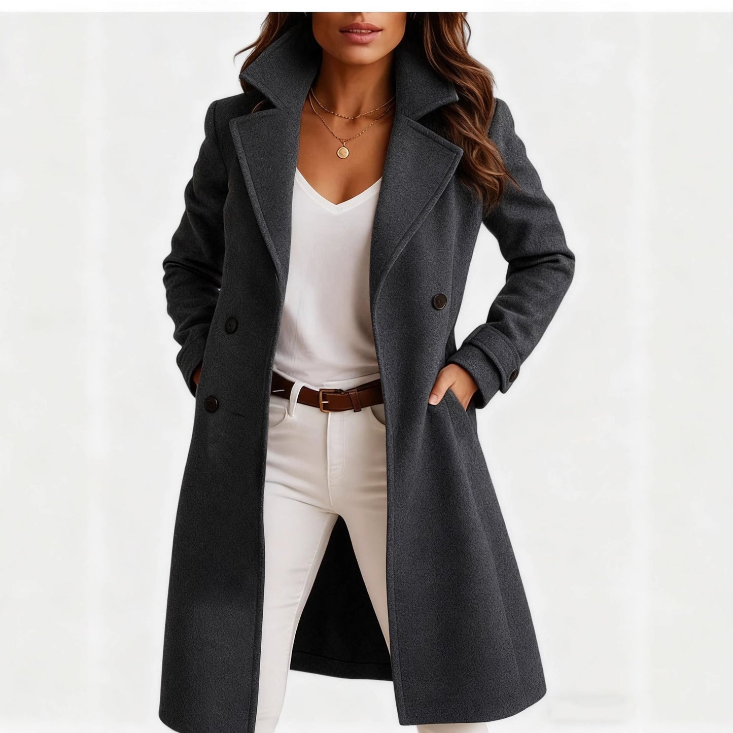 Single-breasted Mid-length Coat With Pockets Fashion Elegant Lapel Jacket Casual Long-sleeved Top Outwear Women's Clothing