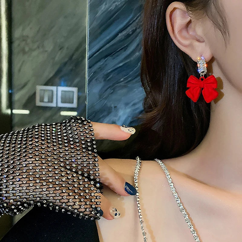 New Stylish Crystal Bow Knot Dangle Earrings For Women Lucky Red Color Heart Zircon Earring Girls Christmas New Year Jewelry