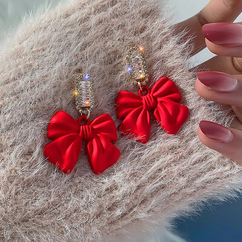 New Stylish Crystal Bow Knot Dangle Earrings For Women Lucky Red Color Heart Zircon Earring Girls Christmas New Year Jewelry