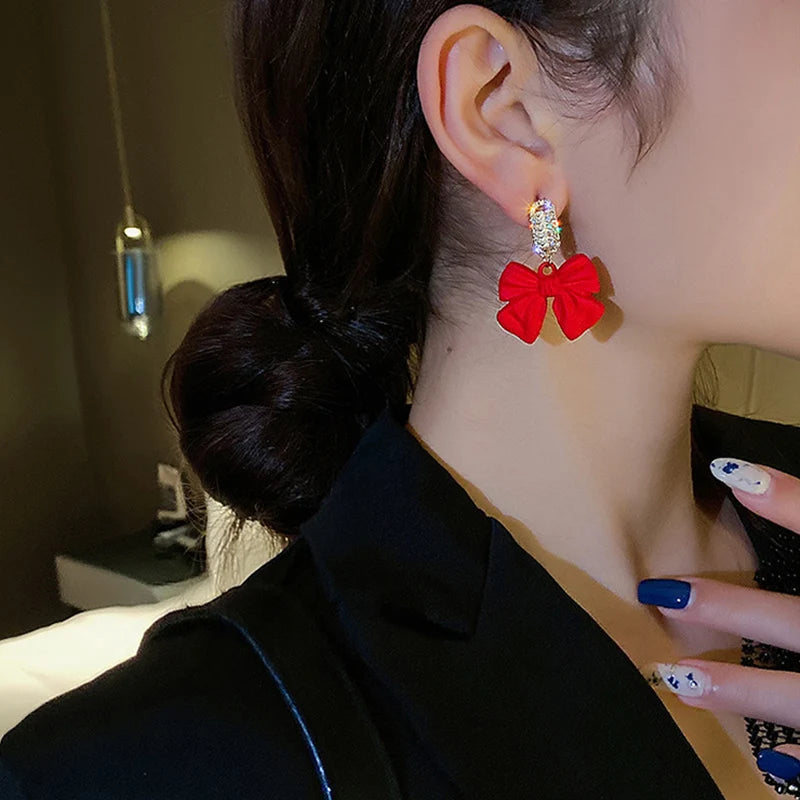 New Stylish Crystal Bow Knot Dangle Earrings For Women Lucky Red Color Heart Zircon Earring Girls Christmas New Year Jewelry