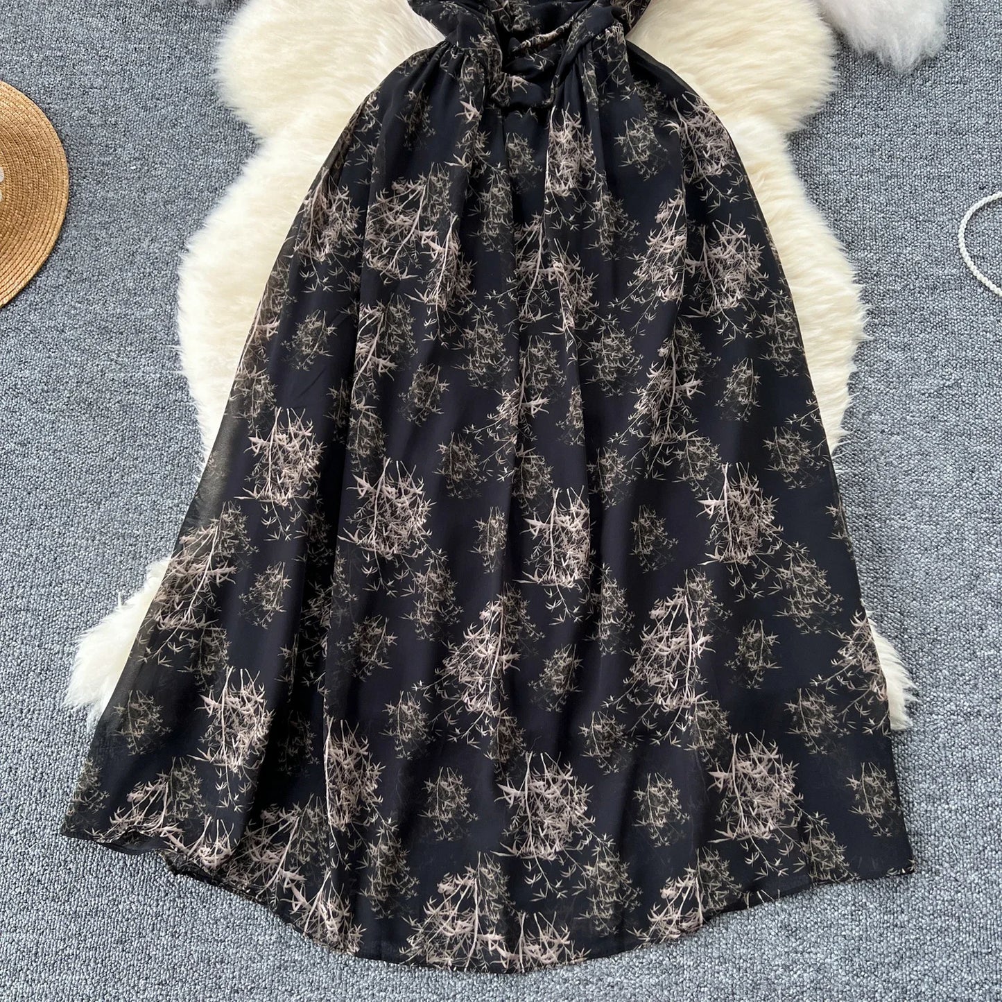 New Korean Fashion Rose Flower Print Romantic Retro Party Dress Summer Elastic High Waist Vacation Long Dress Beach Vestido