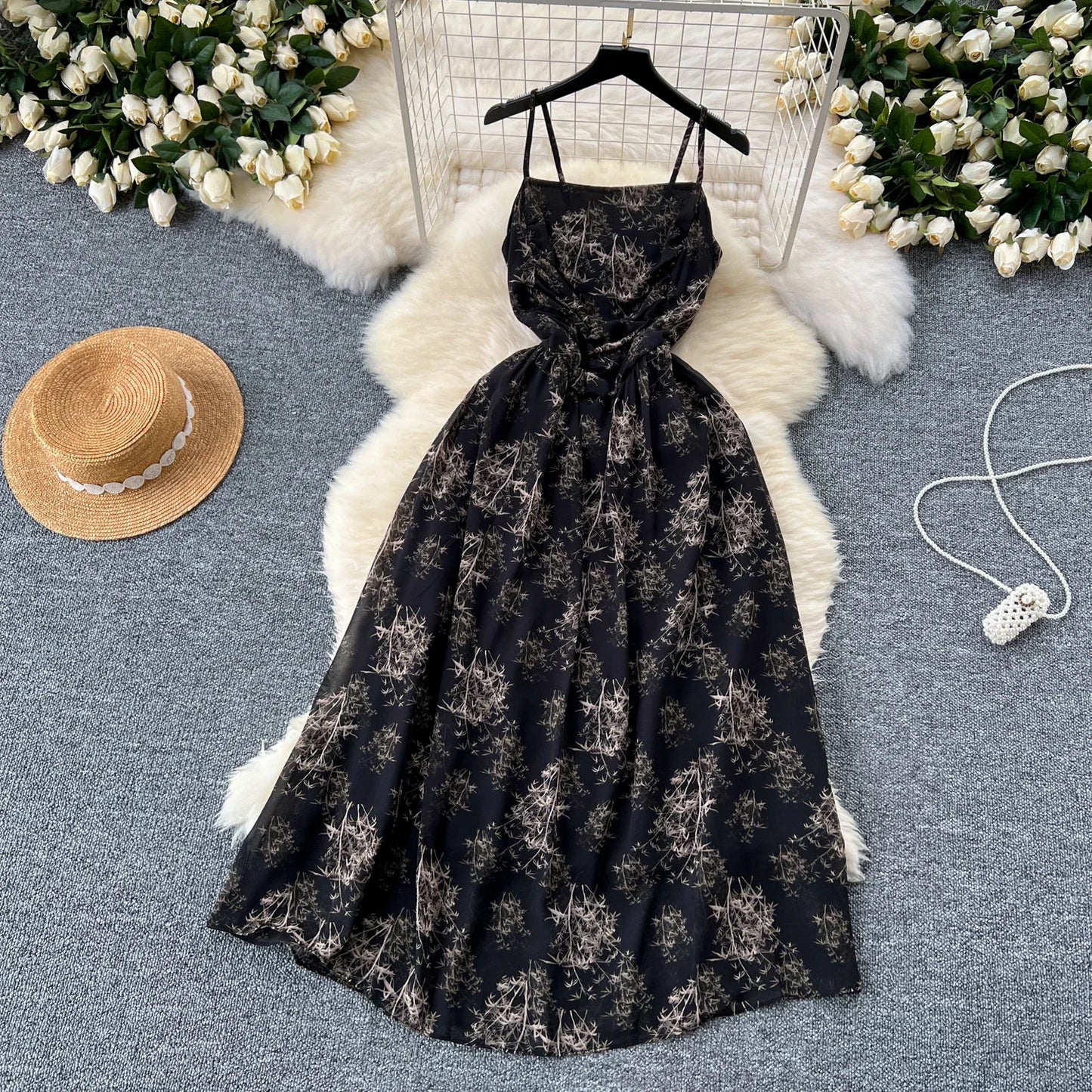New Korean Fashion Rose Flower Print Romantic Retro Party Dress Summer Elastic High Waist Vacation Long Dress Beach Vestido
