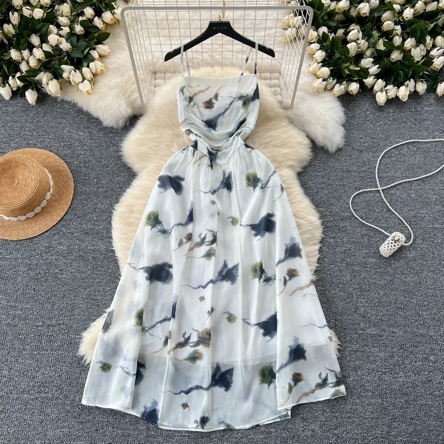 New Korean Fashion Rose Flower Print Romantic Retro Party Dress Summer Elastic High Waist Vacation Long Dress Beach Vestido