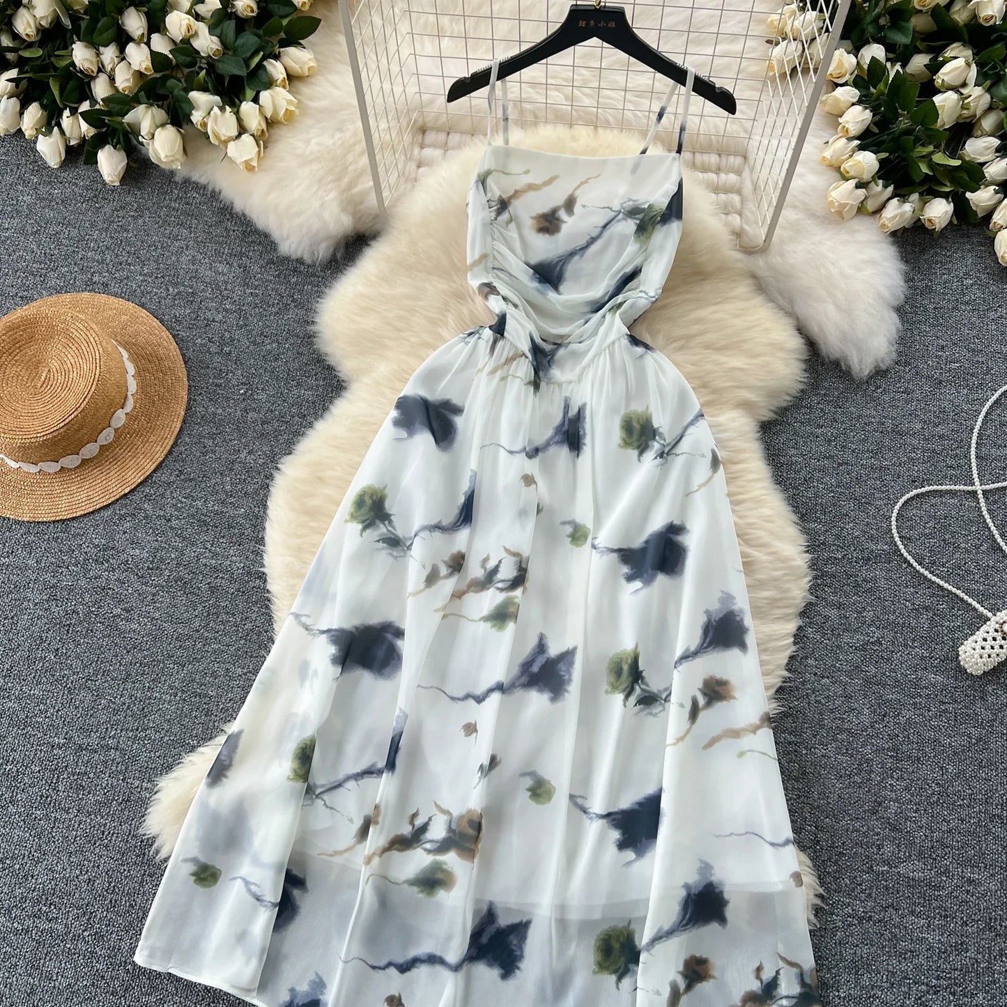 New Korean Fashion Rose Flower Print Romantic Retro Party Dress Summer Elastic High Waist Vacation Long Dress Beach Vestido