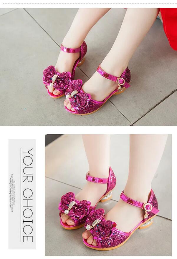 Girls Sandals Summer 2021  New Children's Princess Shoes Little Girls High-heeled Bow-knot Crystal Sandals Party Dress Wedding