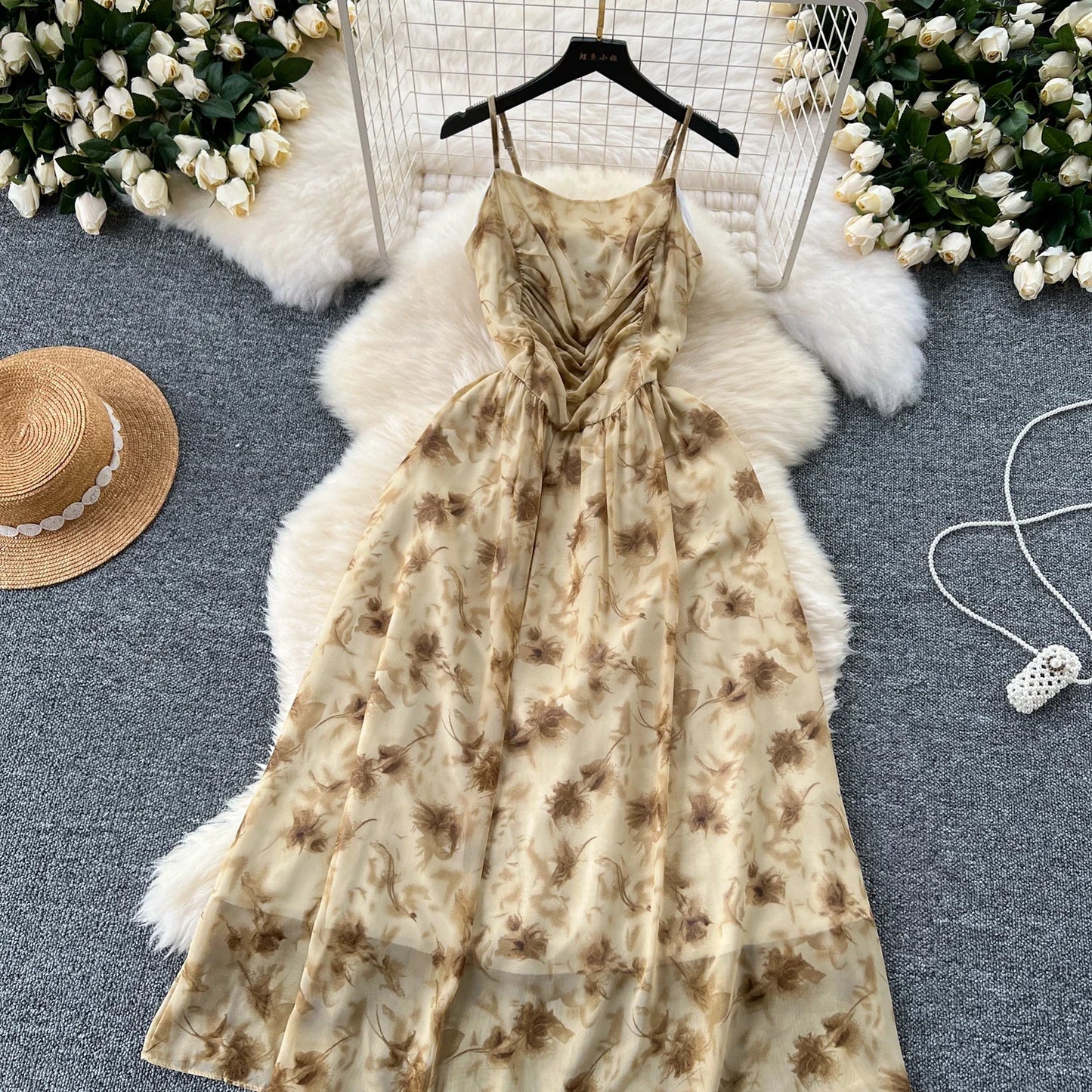 New Korean Fashion Rose Flower Print Romantic Retro Party Dress Summer Elastic High Waist Vacation Long Dress Beach Vestido