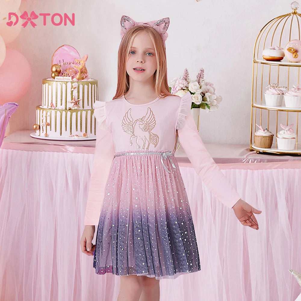 DXTON Winter Long Sleeve Girls Dresses Unicorn Cartoon Kids Party Princess Dress-up Gradient Mesh Childres Vacation Costumes