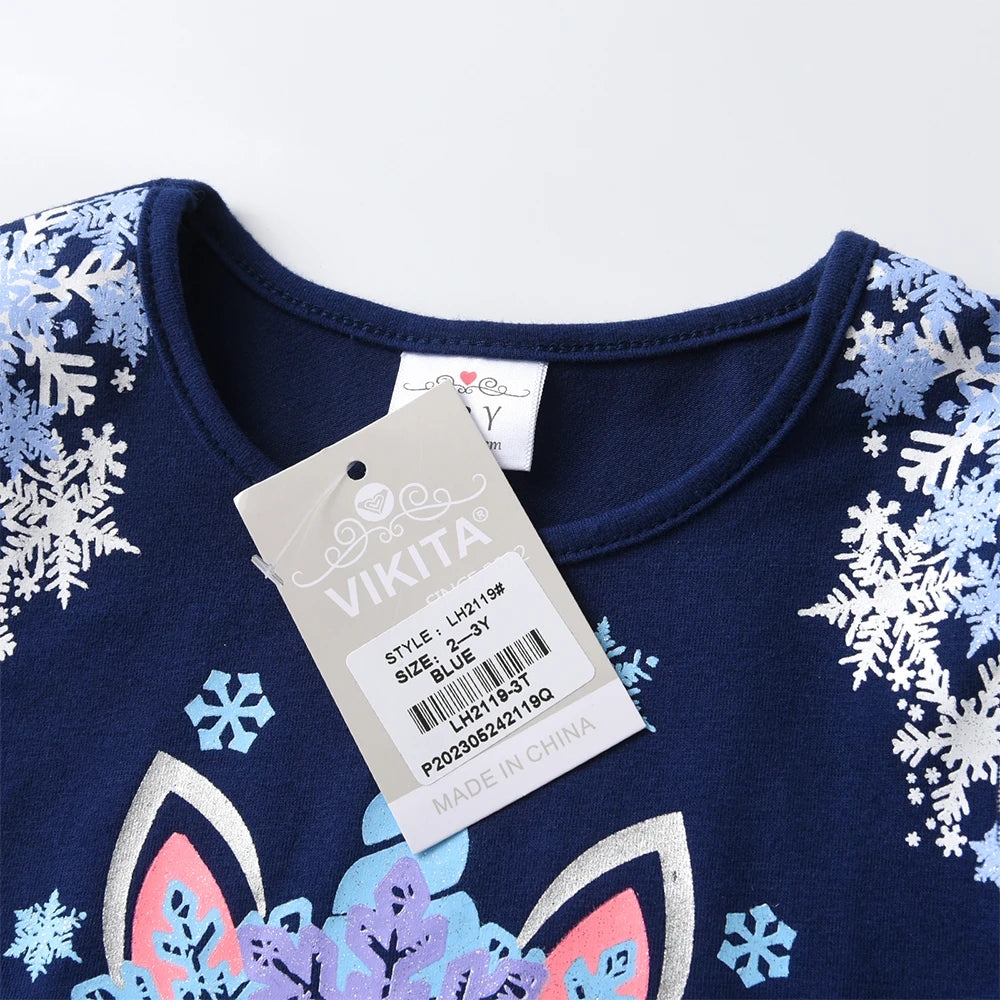 VIKITA 2024 Christmas Princess Dress Snowflake Printed Kids Dresses For Girls Cartoon Children Dresses New Year Party Vestidos