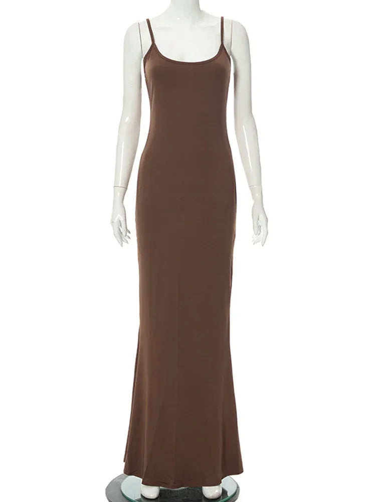 Y2K Sexy Maxi Dress for Women 2025 Autumn Backless Slim Party Dress Pullover Concise платье Female Long Bodycon Brown Vestidos
