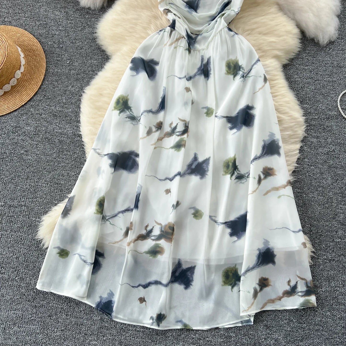 New Korean Fashion Rose Flower Print Romantic Retro Party Dress Summer Elastic High Waist Vacation Long Dress Beach Vestido