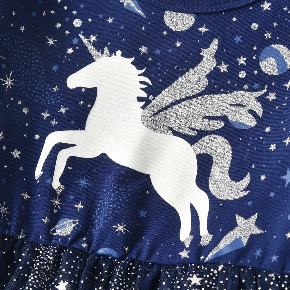 DXTON Christmas Girls Dress 2024 New Year Party Princess Tutu Dress Unicorn Toddler Cotton Dress Snowflake Print Winter Clothing
