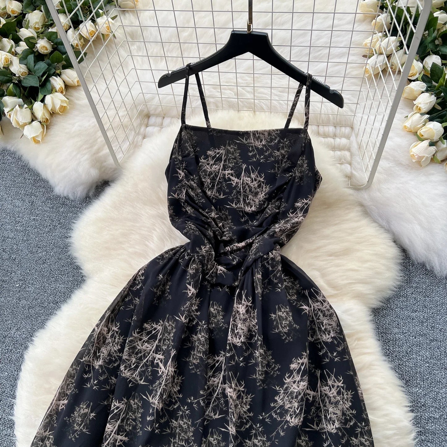 New Korean Fashion Rose Flower Print Romantic Retro Party Dress Summer Elastic High Waist Vacation Long Dress Beach Vestido