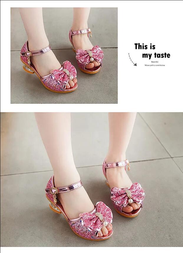 Girls Sandals Summer 2021  New Children's Princess Shoes Little Girls High-heeled Bow-knot Crystal Sandals Party Dress Wedding