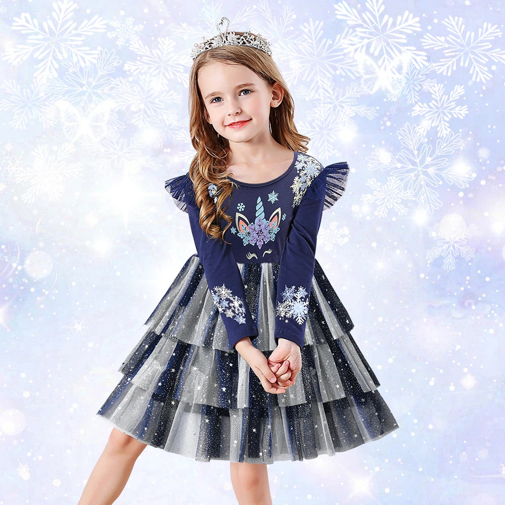 DXTON Christmas Girls Dress 2024 New Year Party Princess Tutu Dress Unicorn Toddler Cotton Dress Snowflake Print Winter Clothing