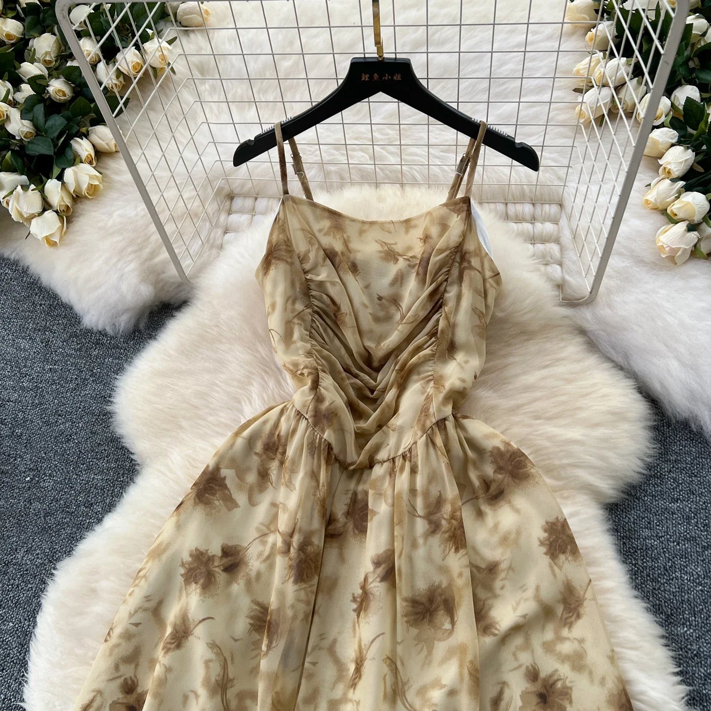 New Korean Fashion Rose Flower Print Romantic Retro Party Dress Summer Elastic High Waist Vacation Long Dress Beach Vestido