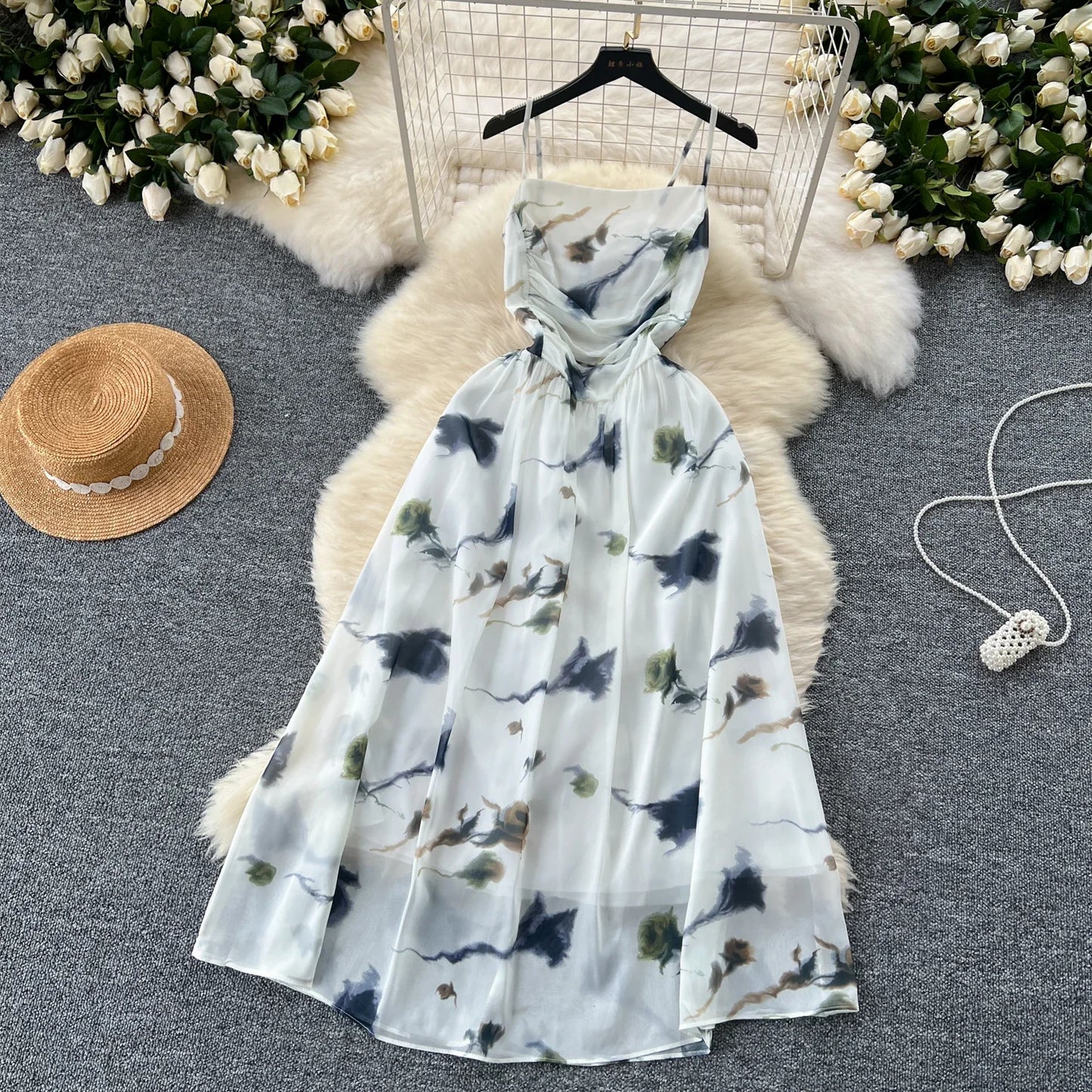 New Korean Fashion Rose Flower Print Romantic Retro Party Dress Summer Elastic High Waist Vacation Long Dress Beach Vestido