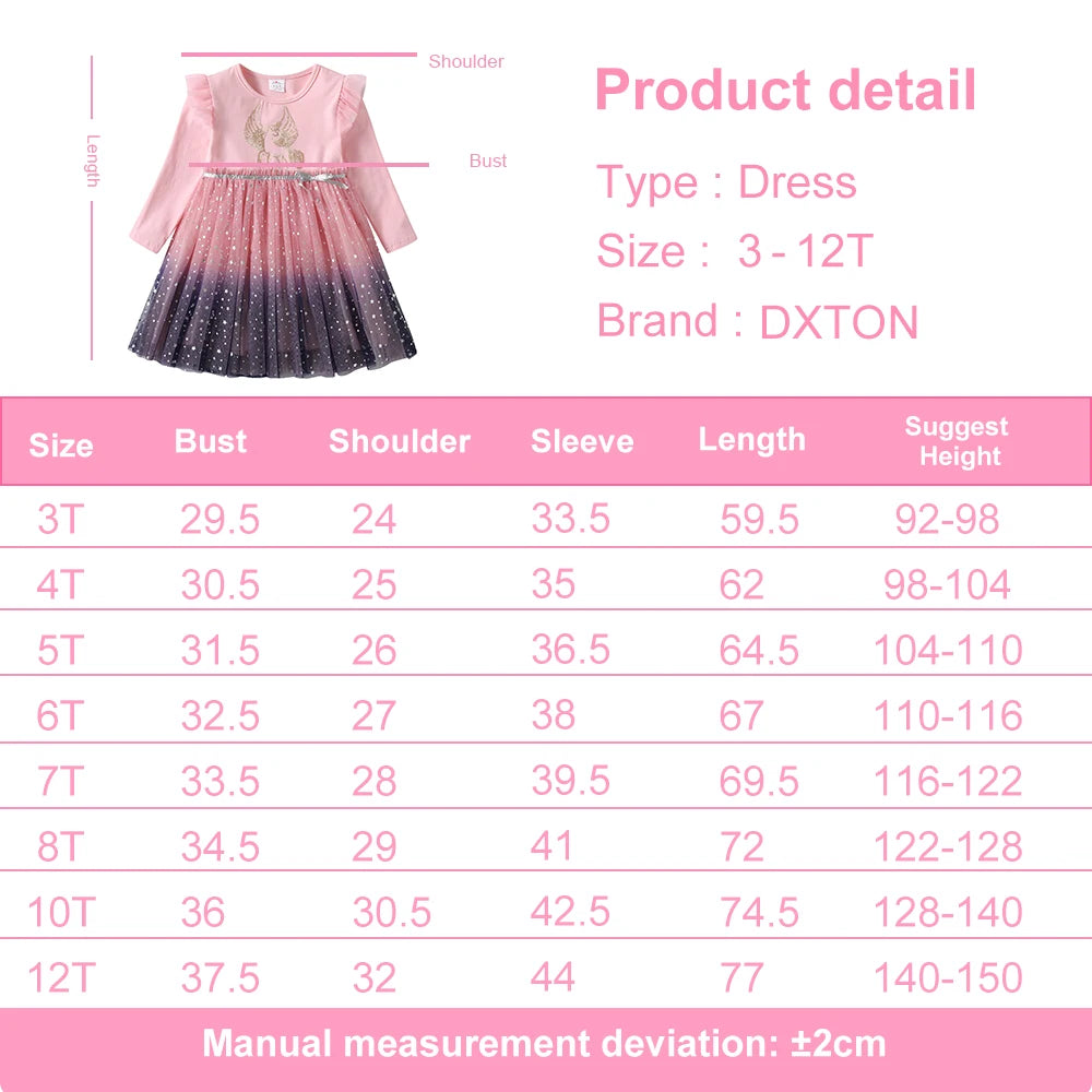 DXTON Winter Long Sleeve Girls Dresses Unicorn Cartoon Kids Party Princess Dress-up Gradient Mesh Childres Vacation Costumes