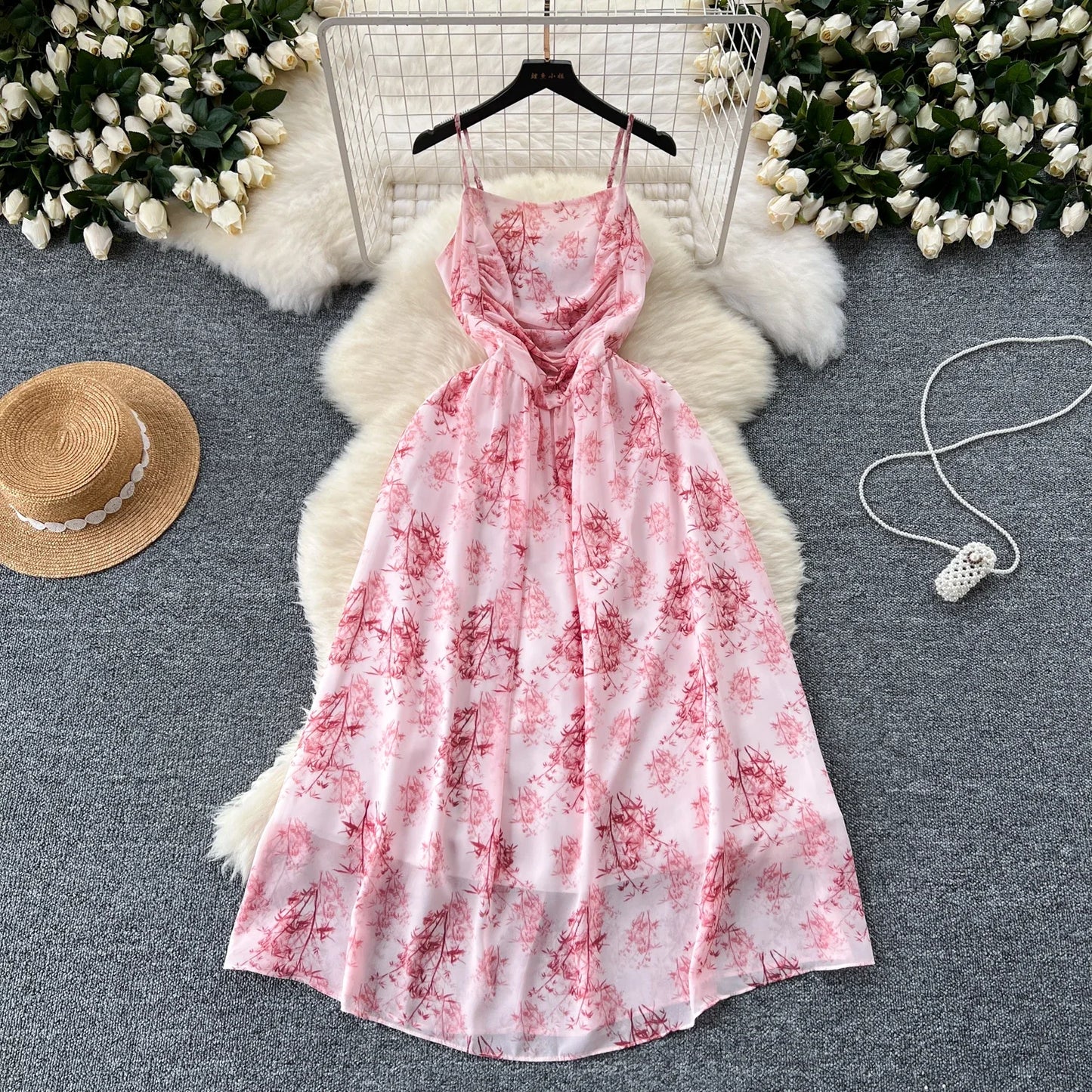 New Korean Fashion Rose Flower Print Romantic Retro Party Dress Summer Elastic High Waist Vacation Long Dress Beach Vestido