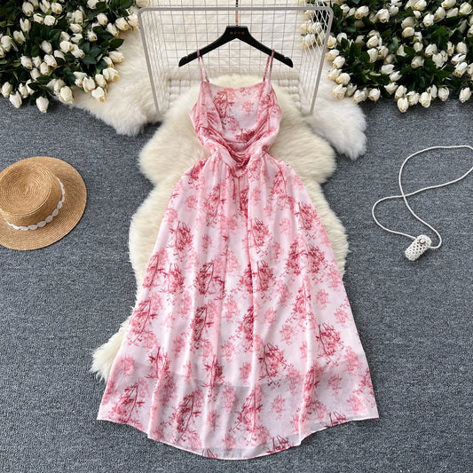 New Korean Fashion Rose Flower Print Romantic Retro Party Dress Summer Elastic High Waist Vacation Long Dress Beach Vestido