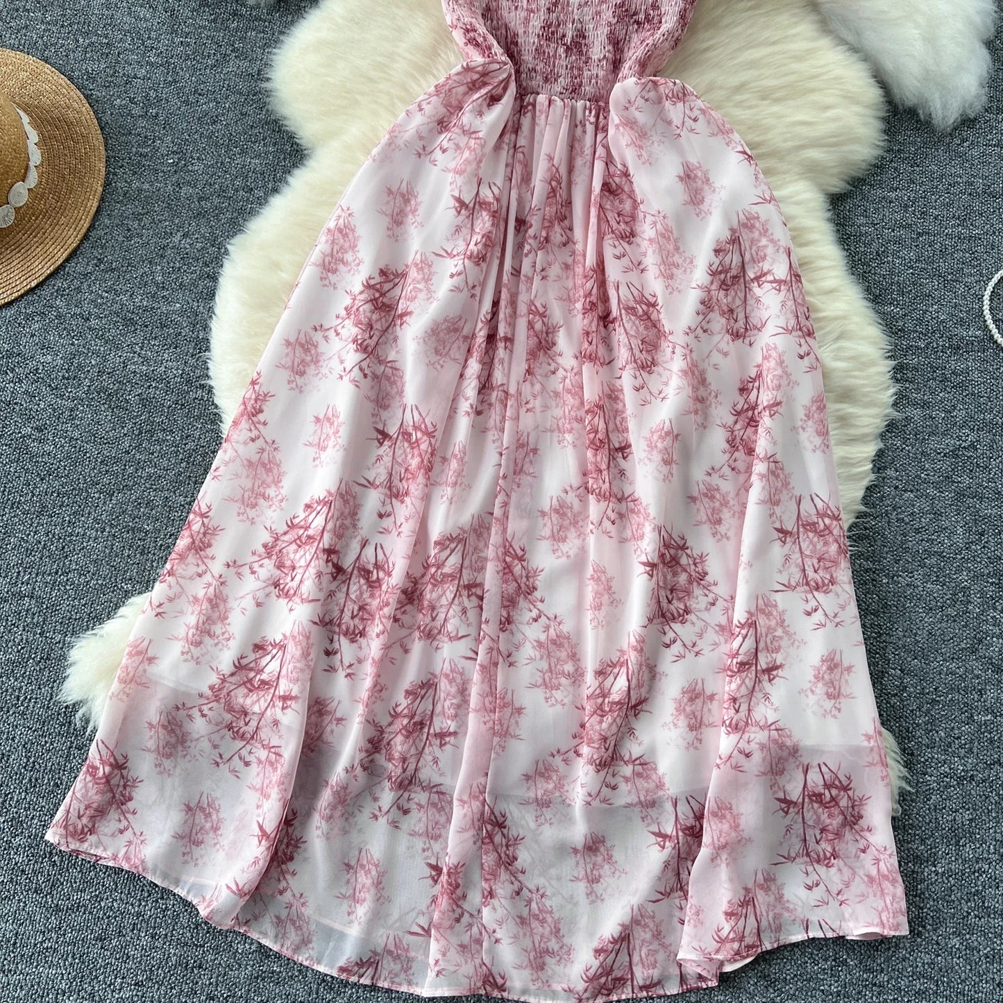 New Korean Fashion Rose Flower Print Romantic Retro Party Dress Summer Elastic High Waist Vacation Long Dress Beach Vestido