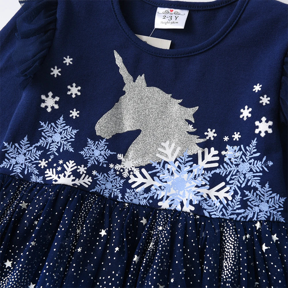 DXTON Christmas Girls Dress 2024 New Year Party Princess Tutu Dress Unicorn Toddler Cotton Dress Snowflake Print Winter Clothing