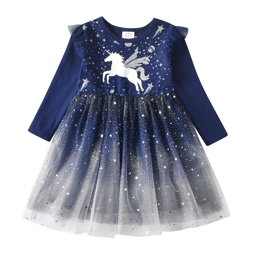 DXTON Christmas Girls Dress 2024 New Year Party Princess Tutu Dress Unicorn Toddler Cotton Dress Snowflake Print Winter Clothing