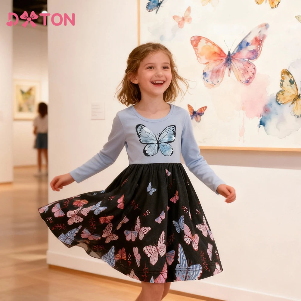 DXTON Butterflies A-line Kids Girls Dresses Pastorale Style Children Home Party Costumes Elegant Girls Casaul Outside Clothing