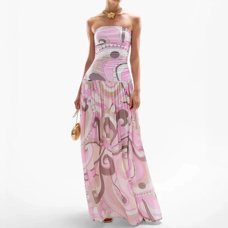 Women Summer Printing Patchwork Maxi Dress, Sleeveless Fashion Holiday Party Dress, 2024 Elegant Strapless Ladies Dress Vestidos