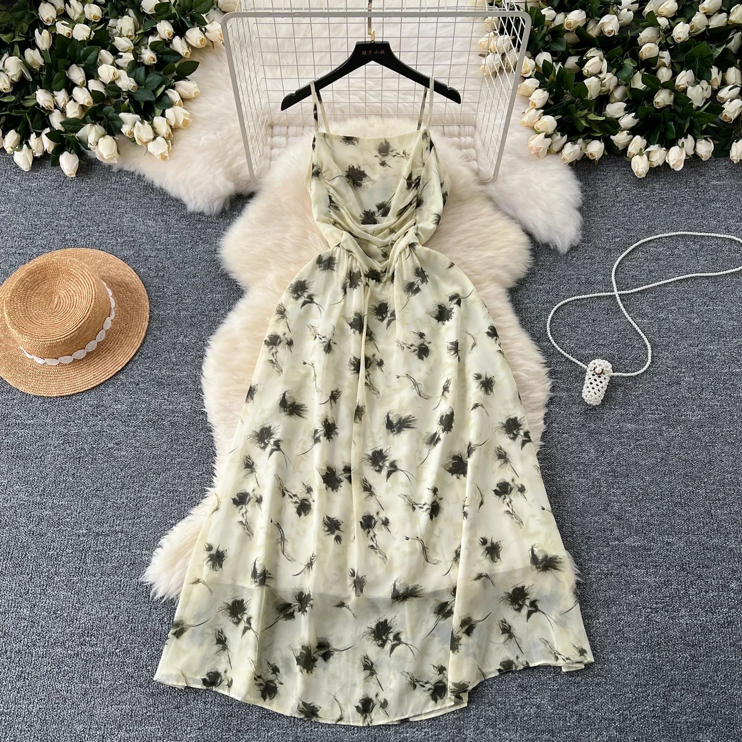 New Korean Fashion Rose Flower Print Romantic Retro Party Dress Summer Elastic High Waist Vacation Long Dress Beach Vestido