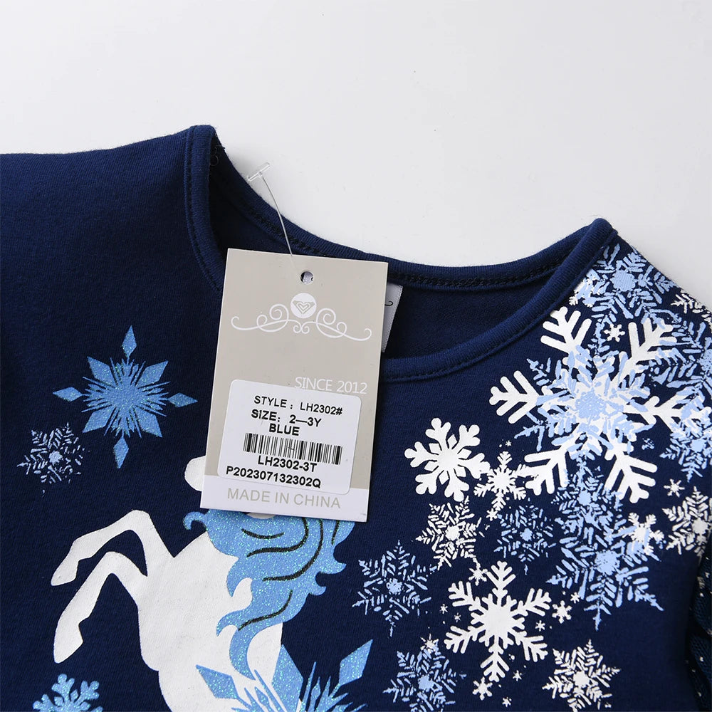 DXTON Christmas Girls Dress 2024 New Year Party Princess Tutu Dress Unicorn Toddler Cotton Dress Snowflake Print Winter Clothing