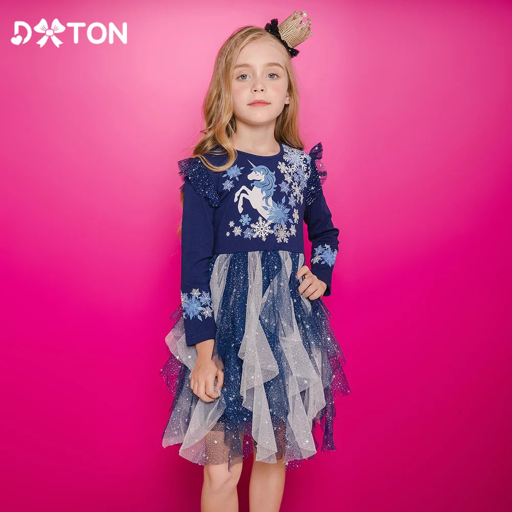DXTON Christmas Girls Dress 2024 New Year Party Princess Tutu Dress Unicorn Toddler Cotton Dress Snowflake Print Winter Clothing