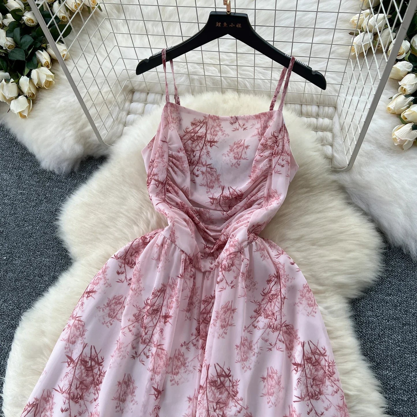 New Korean Fashion Rose Flower Print Romantic Retro Party Dress Summer Elastic High Waist Vacation Long Dress Beach Vestido