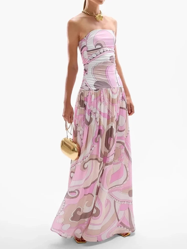 Women Summer Printing Patchwork Maxi Dress, Sleeveless Fashion Holiday Party Dress, 2024 Elegant Strapless Ladies Dress Vestidos