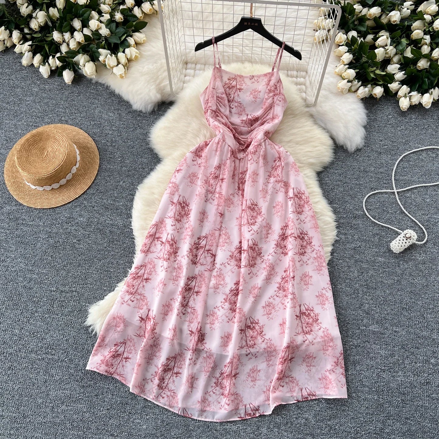 New Korean Fashion Rose Flower Print Romantic Retro Party Dress Summer Elastic High Waist Vacation Long Dress Beach Vestido