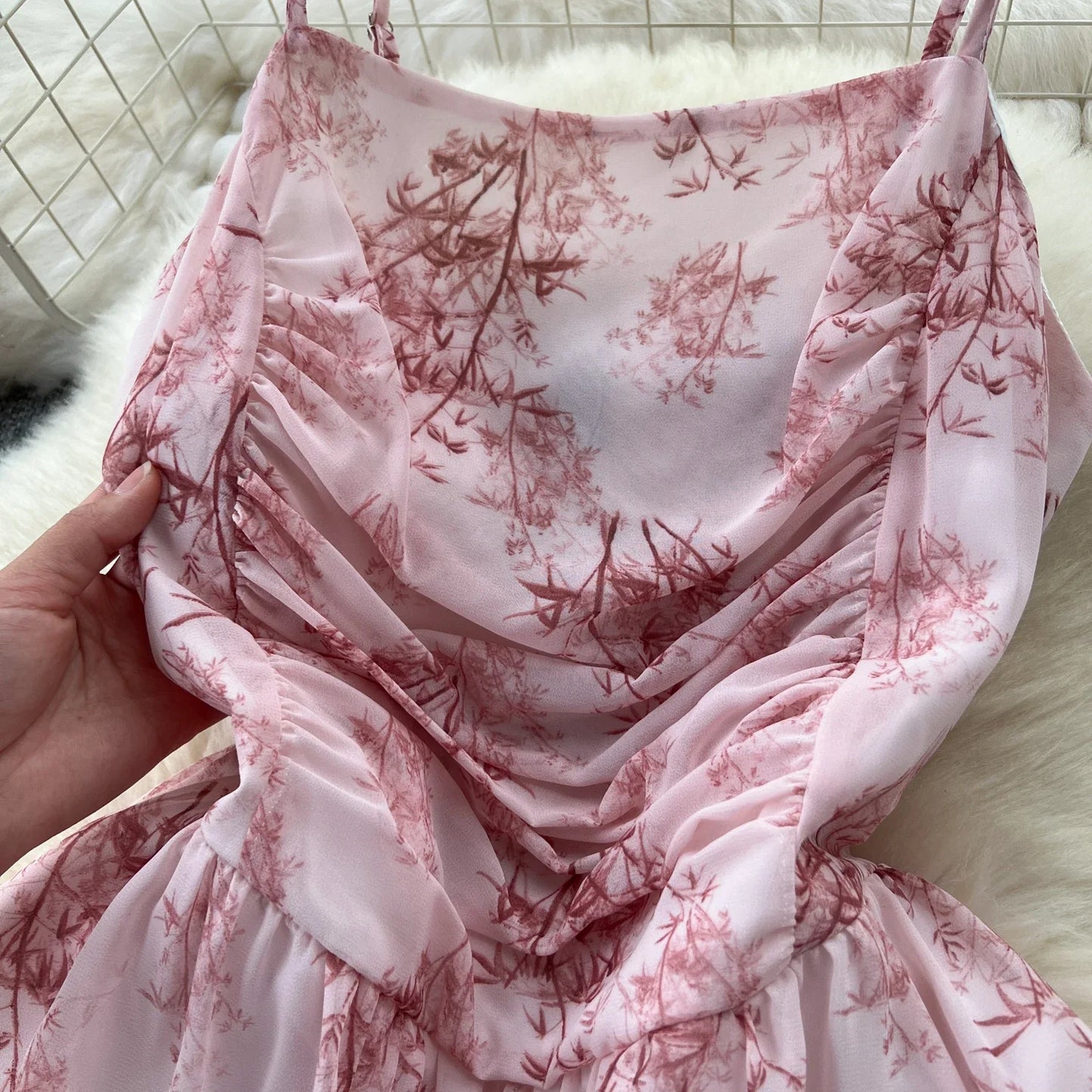 New Korean Fashion Rose Flower Print Romantic Retro Party Dress Summer Elastic High Waist Vacation Long Dress Beach Vestido