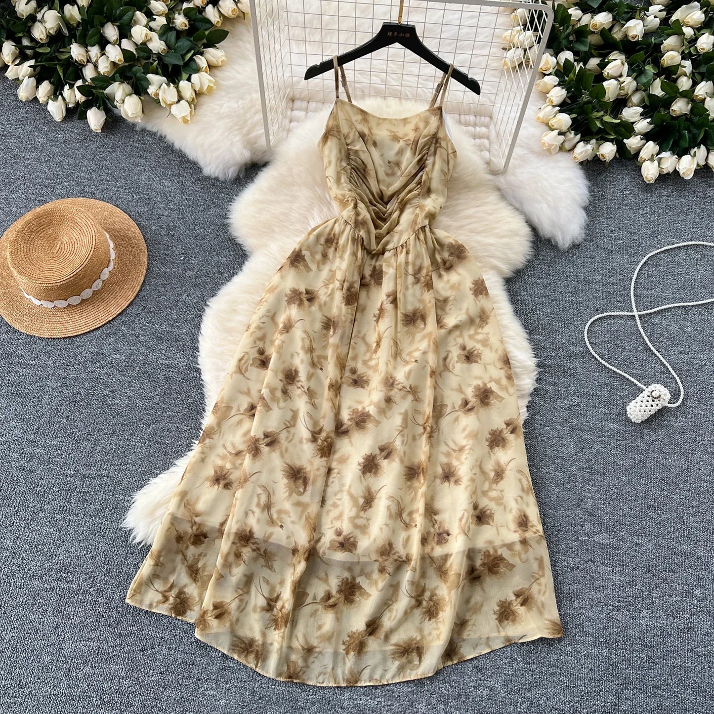New Korean Fashion Rose Flower Print Romantic Retro Party Dress Summer Elastic High Waist Vacation Long Dress Beach Vestido