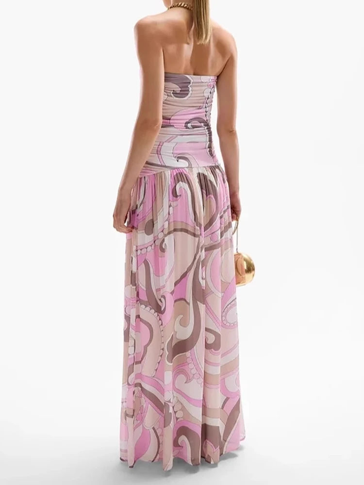 Women Summer Printing Patchwork Maxi Dress, Sleeveless Fashion Holiday Party Dress, 2024 Elegant Strapless Ladies Dress Vestidos