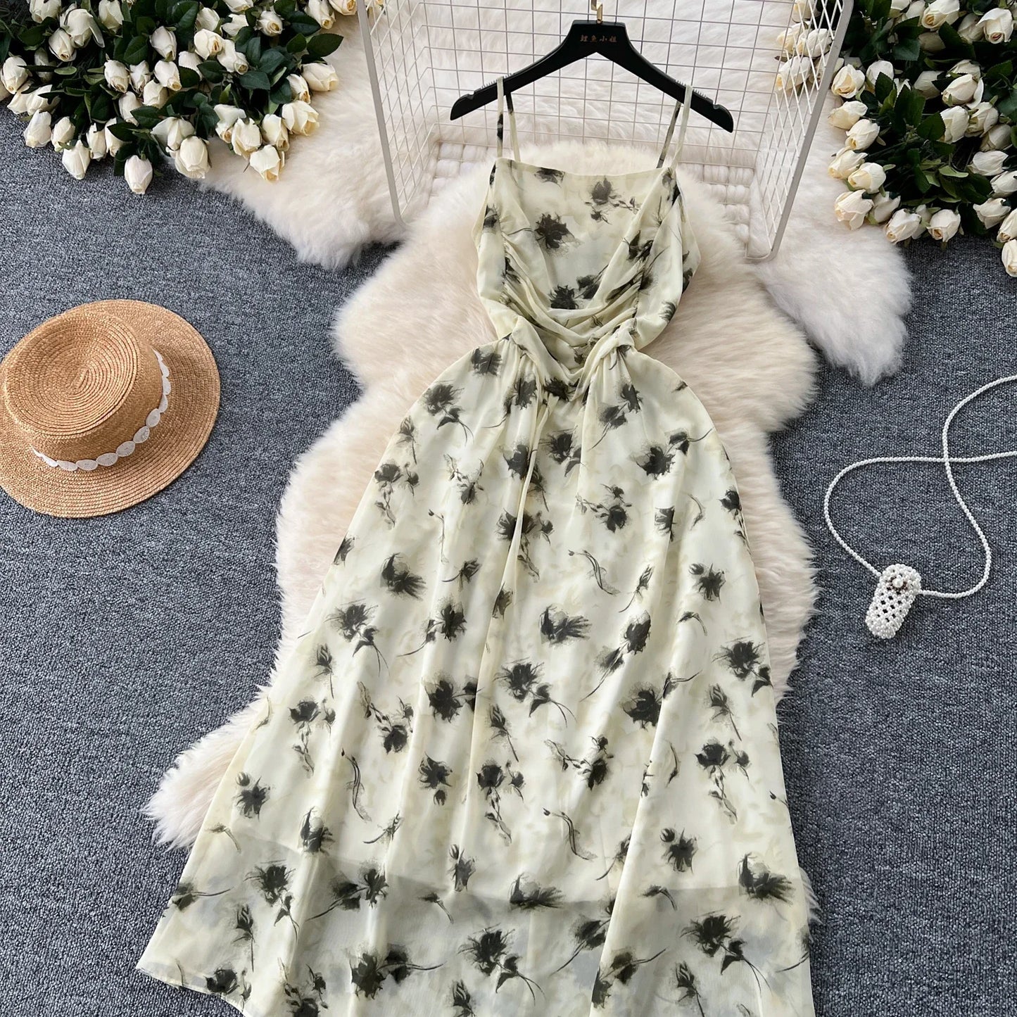 New Korean Fashion Rose Flower Print Romantic Retro Party Dress Summer Elastic High Waist Vacation Long Dress Beach Vestido