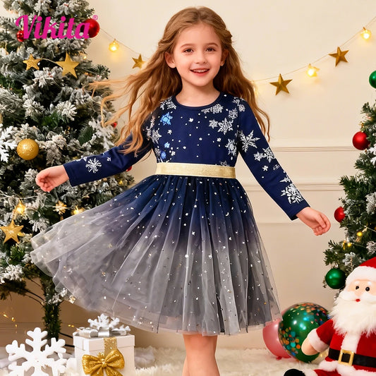 VIKITA Girls Snowflakes Print Christmas New Year Xmas Festival Princess Elegant Dresses Kids Long Sleeve Autumn Winter Dresses