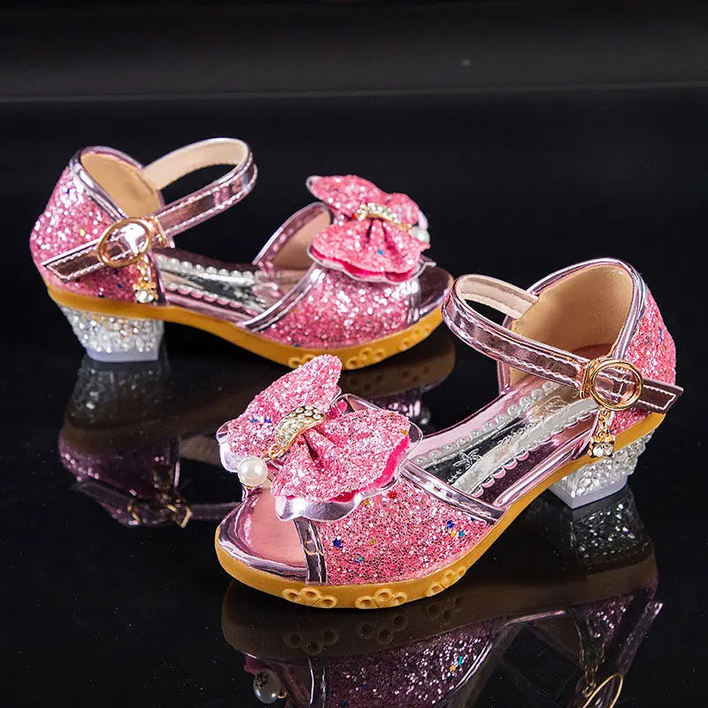 Girls Sandals Summer 2021  New Children's Princess Shoes Little Girls High-heeled Bow-knot Crystal Sandals Party Dress Wedding